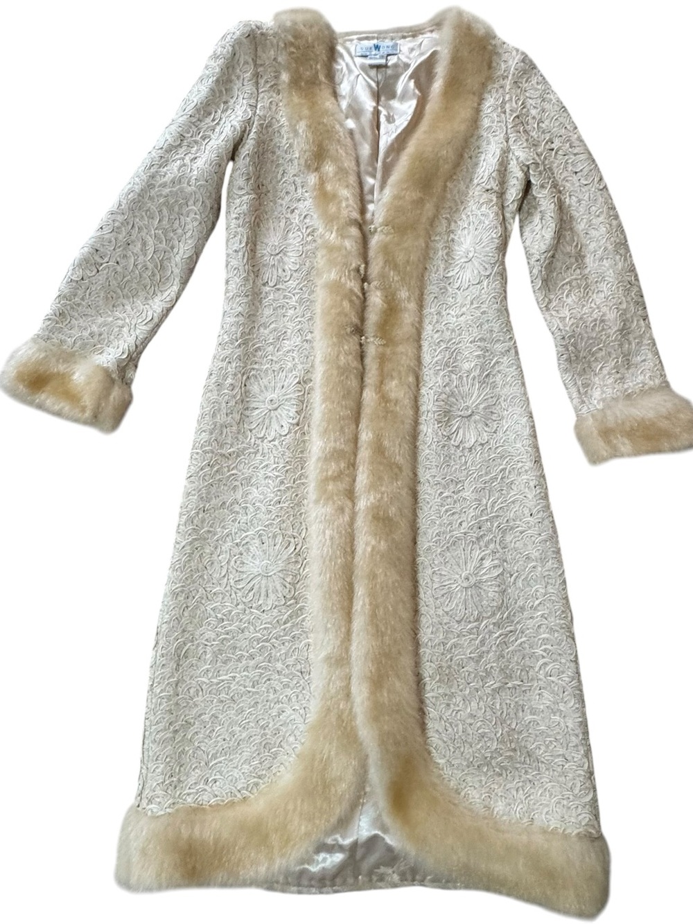Vintage Sue Wong Nocturne Embroidered Champagne/Ivory Coat Faux Fur Trim Size - Picture 9 of 16